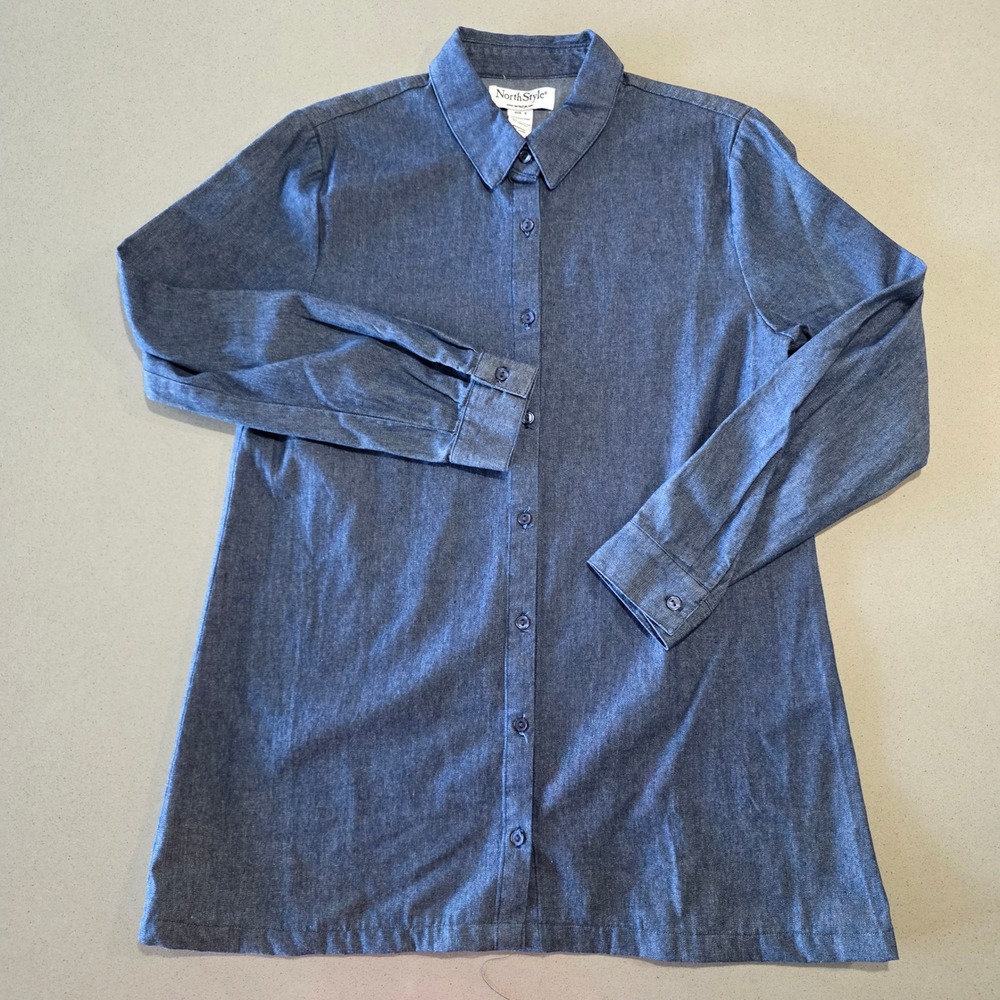 NorthStyle Womens Blue Cotton Denim Button Down‎ Shirt Size S Long Sleeve Top